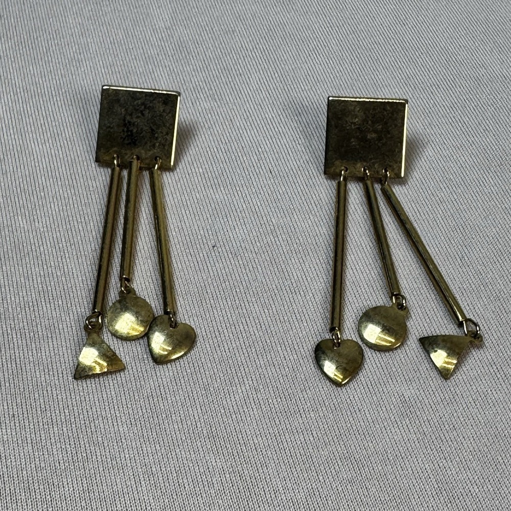 1980s Vintage Gold Tone Geometric Rod Drop Statement Earrings